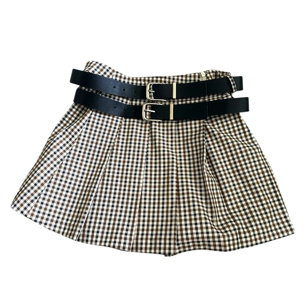 Moon River Double Belted Pleated Plaid Mini Skirt - Picture 2 of 9